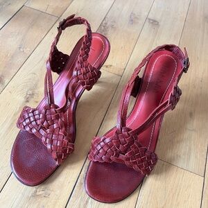Ralph Lauren red burgundy leather braided woven heels sandals sz 8